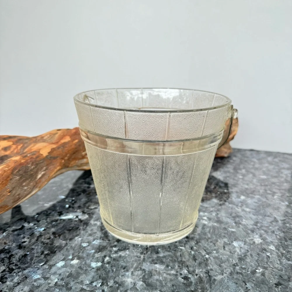 VTG Frosted Glass Wooden Pail Design Ice Bucket With Hammered Metal Swing Handle